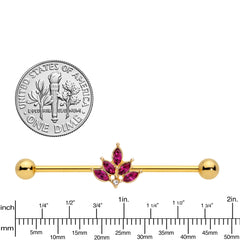 14G Dark Red Gem Gold Tone Autumn Leaves Industrial Barbell 38mm