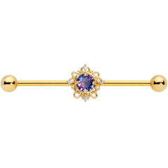14G Purple Tourmaline Gold Tone Filigree Industrial Barbell 38mm