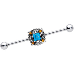 14G Yellow Gem Blue Faux Turquoise Square Industrial Barbell 38mm