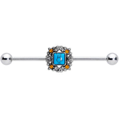 14G Yellow Gem Blue Faux Turquoise Square Industrial Barbell 38mm