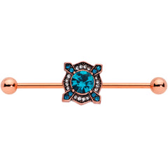 14G Aqua Gem Rose Gold Tone Renaissance Industrial Barbell 38mm