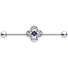 14G Blue Gem Stylized Deco Cross Industrial Barbell 38mm
