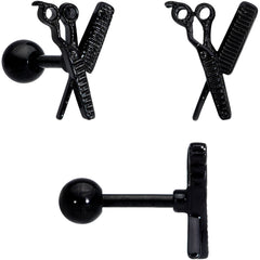 16G 1/4 Black Scissor Comb Hair Cartilage Tragus Earring Set of 3
