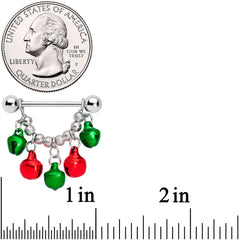 14G 5/8 Green Red Green Bell Christmas Dangle Nipple Ring Set