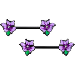 14G 9/16 Clear Gem Black Purple Iris Flower Nipple Ring Set