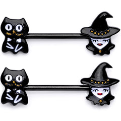 14G 9/16 Black Cat Pretty Witch Halloween Barbell Nipple Ring Set
