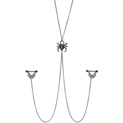 14G 9/16 Red Gem Black Spider Web Halloween Nipple Chain Necklace