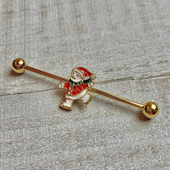 14G Gold Tone Skating Snowman Christmas Industrial Barbell 38mm