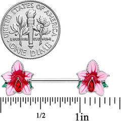 14G 9/16 Red Gem Exotic Flower Barbell Nipple Ring Set