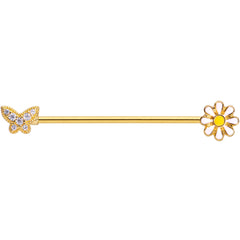 14G Clear Gem Gold Tone Butterfly Daisy `Industrial Barbell 38mm