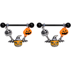 14G 7/8 Black Pumpkin Trio Halloween Dangle Nipple Ring Set