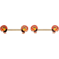 14G 9/16 Gold Tone Turkey Thanksgiving Barbell Nipple Rings