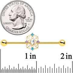 14G White Synthetic Opal Gold Tone Web Industrial Barbell 38mm