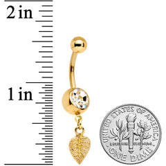 Clear Gem Gold Tone Autumn Textured Leaf Dangle Belly Ring
