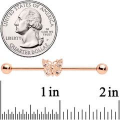 14G Clear Gem Rose Gold Tone Butterfly Industrial Barbell 38mm