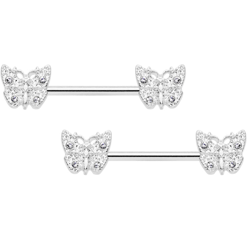 14G 9/16 Clear Gem Baroque Butterfly Barbell Nipple Ring Set