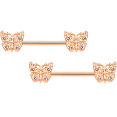 14G 9/16 Clear Gem Rose Gold Tone Butterfly Nipple Ring Set
