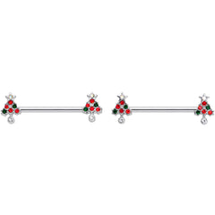 14G 11/16 Clear Red Green Gem Christmas Tree Nipple Ring Set