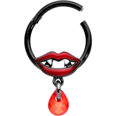 16G 3/8 Red Gem Black Vampire Fang Halloween Hinged Segment Ring