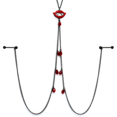 14G 9/16 Red Gem Vampire Lips Halloween Nipple Chain Necklace