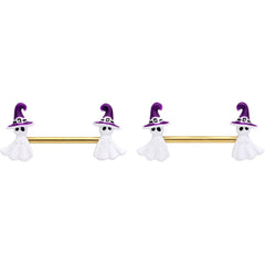14G 9/16 Gold Tone Ghost Witch Halloween Barbell Nipple Ring Set