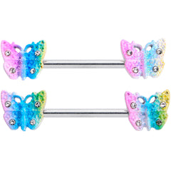 14G 9/16 Clear Gem Baroque Rainbow Butterfly Nipple Ring Set