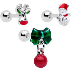 16G 1/4 Reindeer Snowman Christmas Dangle Cartilage Tragus Set of 3