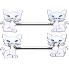 14G 9/16 Blue Eyed White Cat Barbell Nipple Ring Set