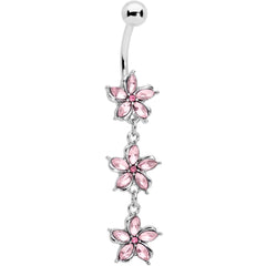 Pink Gem Flower Trio Dangle Belly Ring