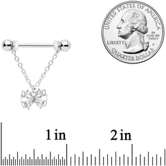 14G 11/16 Clear CZ Gem Beauty Bow Chain Dangle Nipple Ring Set
