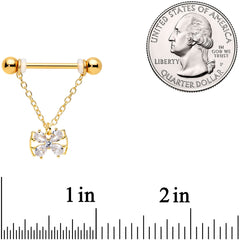 14G 11/16 Clear CZ Gem Gold Hue Beauty Bow Chain Nipple Ring Set
