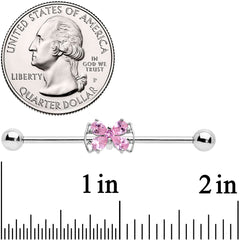 14G Pink CZ Gem Beauty Bow Industrial Barbell 38mm
