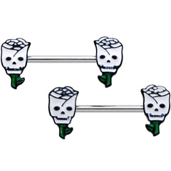 14G 9/16 Skull White Roses Valentine Barbell Nipple Ring Set