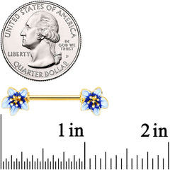 14G 9/16 Gold Tone White Blue Flower Barbell Nipple Ring Set