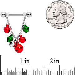 14G 5/8 Red Green Bell Christmas Chain Dangle Nipple Ring Set