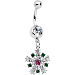 Clear Pink Green Gem Snowflake Holiday Dangle Belly Ring