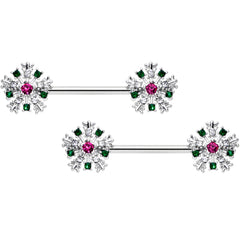 14G 9/16 Clear Pink Green Gem Snowflake Barbell Nipple Ring Set