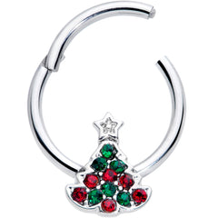 16G 3/8 Red Green Gem Starry Christmas Tree Hinged Segment Ring