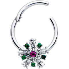 16G 3/8 Clear Green Pink Gem Snowflake Hinged Segment Ring