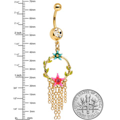 Clear Pink Gem Gold Tone Pink Blue Star Chain Dangle Belly Ring