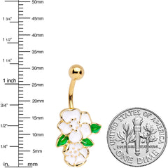 Gold Tone Green Leaf White Spring Flowers Belly Ring