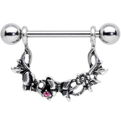 14G 9/16 Pink Gem Abstract Bow Butterfly Dangle Nipple Ring Set