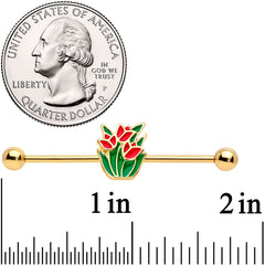 14G Gold Tone Red Tulip Flowers Industrial Barbell 38mm