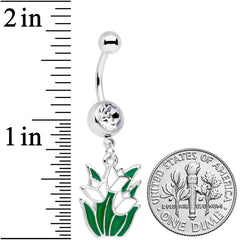 Clear Gem White Spring Tulip Flowers Dangle Belly Ring