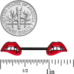 14G 9/16 Black Red Sneering Bite Lips Barbell Nipple Ring Set
