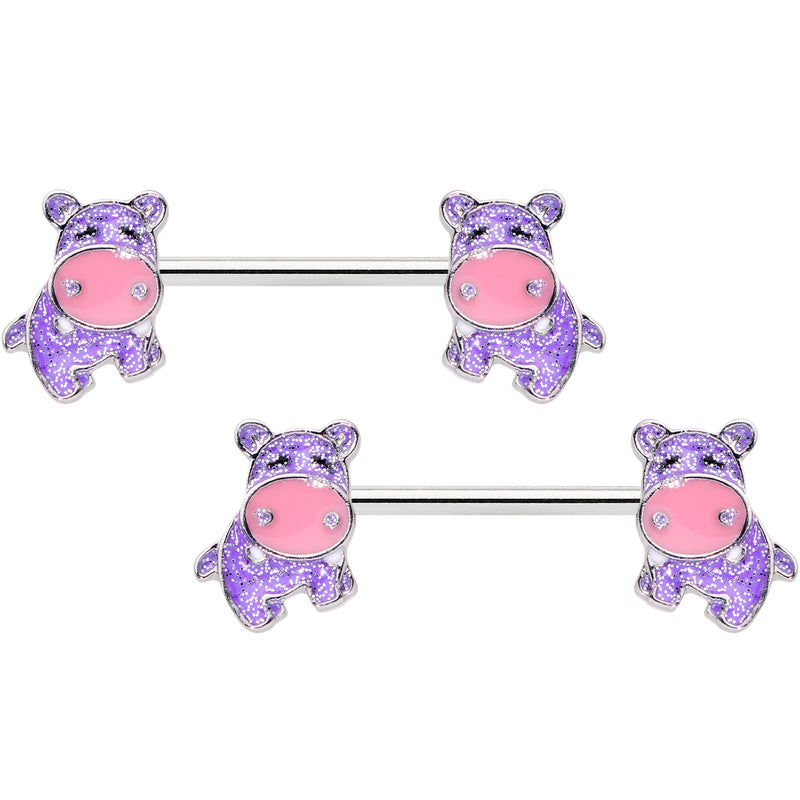 14G 9/16 Happy Purple Hippo Barbell Nipple Ring Set