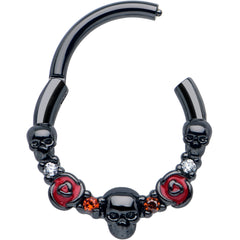16G 3/8 Red Clear CZ Gem Black Skull Halloween Hinged Segment Ring