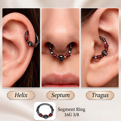 16G 3/8 Red Clear CZ Gem Black Skull Halloween Hinged Segment Ring
