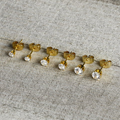 20G Clear CZ Gem Gold Tone 3mm to 5mm Post Stud Earring Set of 3