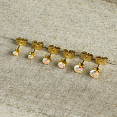 20G Aurora CZ Gem Gold Tone 3mm to 5mm Post Stud Earring Set of 3